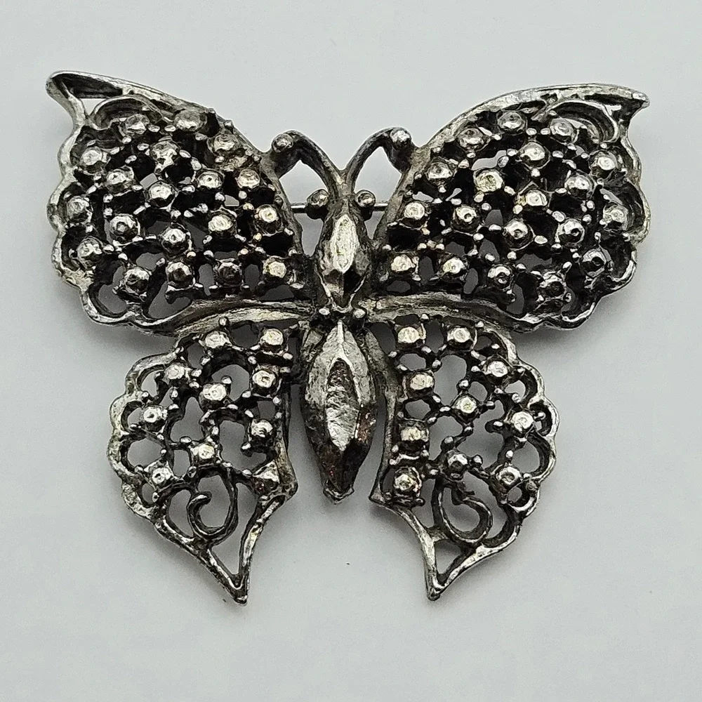 Vintage Silver Tone Butterfly Brooch Openwork Textured Pin 2 Inch